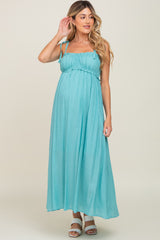 Turquoise Sleeveless Ruffle Trim Maternity Maxi Dress