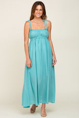 Turquoise Sleeveless Ruffle Trim Maternity Maxi Dress