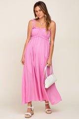 Pink Sleeveless Ruffle Trim Maternity Maxi Dress