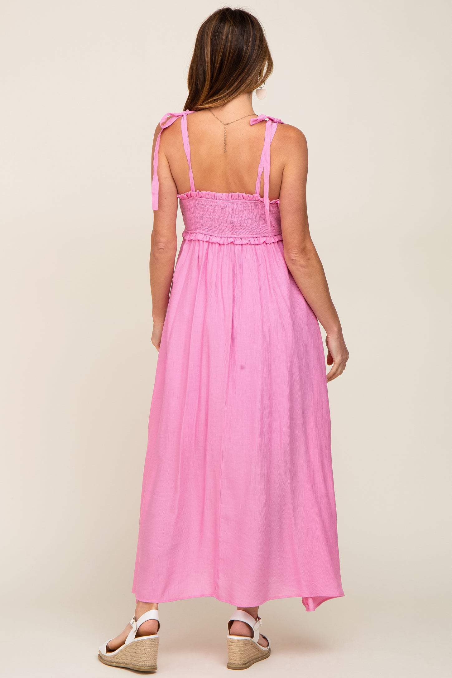 Pink Sleeveless Ruffle Trim Maxi Dress