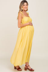 Yellow Sleeveless Ruffle Trim Maternity Maxi Dress