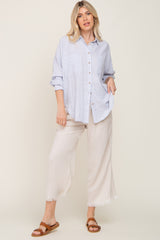 Light Blue Linen Striped Button Up Top