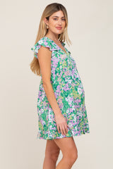 Green Floral Ruffle Sleeve Babydoll Maternity Dress