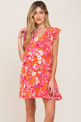 Pink Floral Ruffle Sleeve Babydoll Maternity Dress