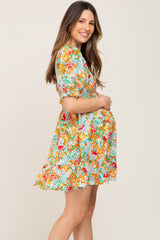 Green Floral Smocked Puff Sleeve Maternity Dress