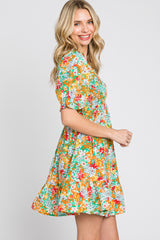 Green Floral Smocked Puff Sleeve Dress