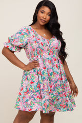 Fuchsia Floral Smocked Ruffle Accent Maternity Plus Dress