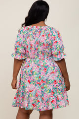 Fuchsia Floral Smocked Ruffle Accent Plus Dress