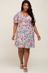 Fuchsia Floral Smocked Ruffle Accent Plus Dress