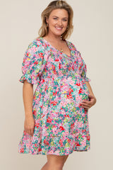 Fuchsia Floral Smocked Ruffle Accent Maternity Plus Dress