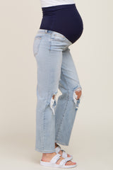 Light Blue Distressed Ripped Knee Straight Maternity Jeans