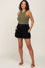 Black Button Front Linen Maternity Shorts