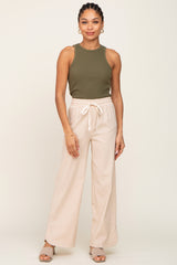 Beige Stretch Drawstring Wide Leg Maternity Pants