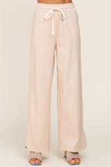 Beige Stretch Drawstring Wide Leg Pants