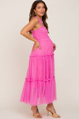 Pink Smocked Mesh Maternity Midi Dress