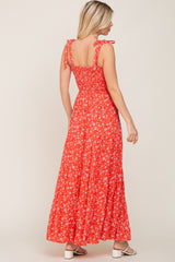 Coral Floral Square Neck Smocked Tiered Maxi Dress