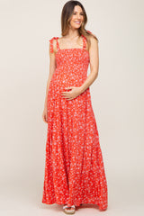 Coral Floral Square Neck Smocked Tiered Maternity Maxi Dress