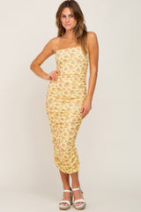 Yellow Mesh Ruched Maternity Fitted Dress