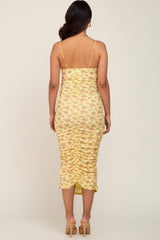 Yellow Mesh Ruched Maternity Fitted Dress