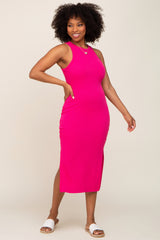 Fuchsia Ribbed Sleeveless Side Slit Midi Dress