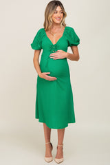 Green V-Neck Front Tie Short Puff Sleeve Maternity Midi Dress