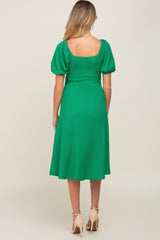 Green V-Neck Front Tie Short Puff Sleeve Maternity Midi Dress