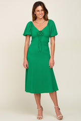 Green V-Neck Front Tie Short Puff Sleeve Maternity Midi Dress