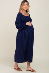 Navy Gauze Smocked Maternity Midi Dress