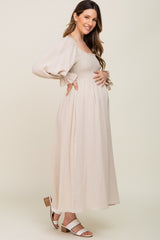 Beige Gauze Smocked Maternity Midi Dress