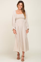 Beige Gauze Smocked Maternity Midi Dress