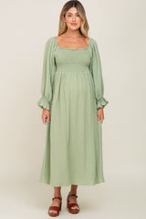 Light Green Gauze Smocked Maternity Midi Dress