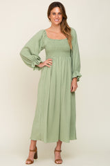 Light Green Gauze Smocked Midi Dress