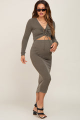 Olive Ribbed Front Cutout Two Piece Maternity Skirt Set