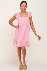 Pink Sleeveless Textured Ruffle Dress