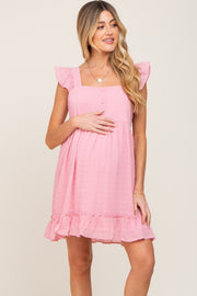 Pink Sleeveless Textured Ruffle Maternity Dress