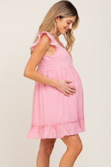 Pink Sleeveless Textured Ruffle Maternity Dress