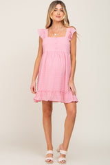 Pink Sleeveless Textured Ruffle Maternity Dress