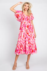 Fuchsia Print Smocked V-Neck Midi Dress