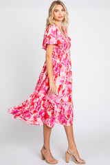 Fuchsia Print Smocked V-Neck Midi Dress