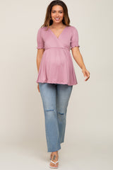 Mauve Puff Sleeve Crossover Maternity/Nursing Top