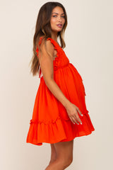 Red Orange Smocked Ruffle Accent Maternity Dress