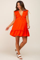 Red Orange Smocked Ruffle Accent Maternity Dress