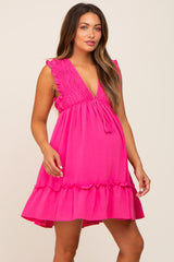 Fuchsia Smocked Ruffle Accent Maternity Dress