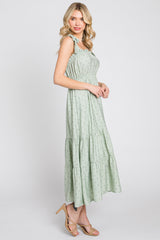 Sage Polka Dot Shirred Midi Dress