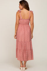 Mauve Polka Dot Shirred Maternity Midi Dress