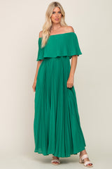 Green Pleated Layered Off Shoulder Maternity Maxi Dress