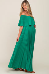 Green Pleated Layered Off Shoulder Maternity Maxi Dress