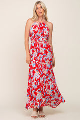 Red Printed Halter Smocked Waist Maxi Dress