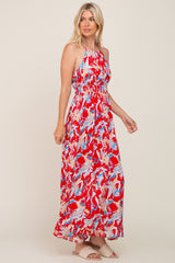 Red Printed Halter Smocked Waist Maxi Dress