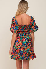 Black Multi-Color Floral Puff Sleeve Maternity Dress